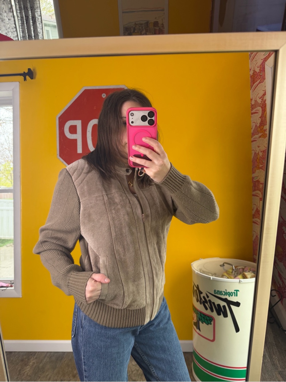 Vintage Suede Leather Sweater Jacket Women's large Bomber Knit Brown 1980s Prop